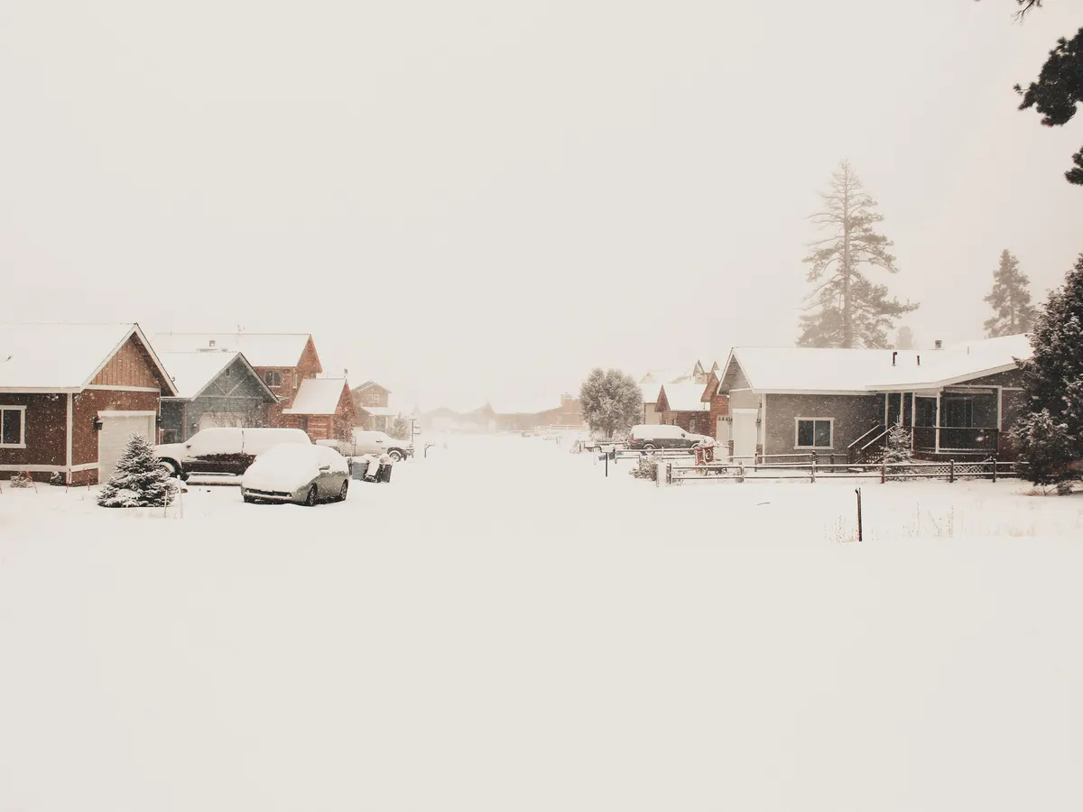Snow-covered houses in Big Bear Lake, California