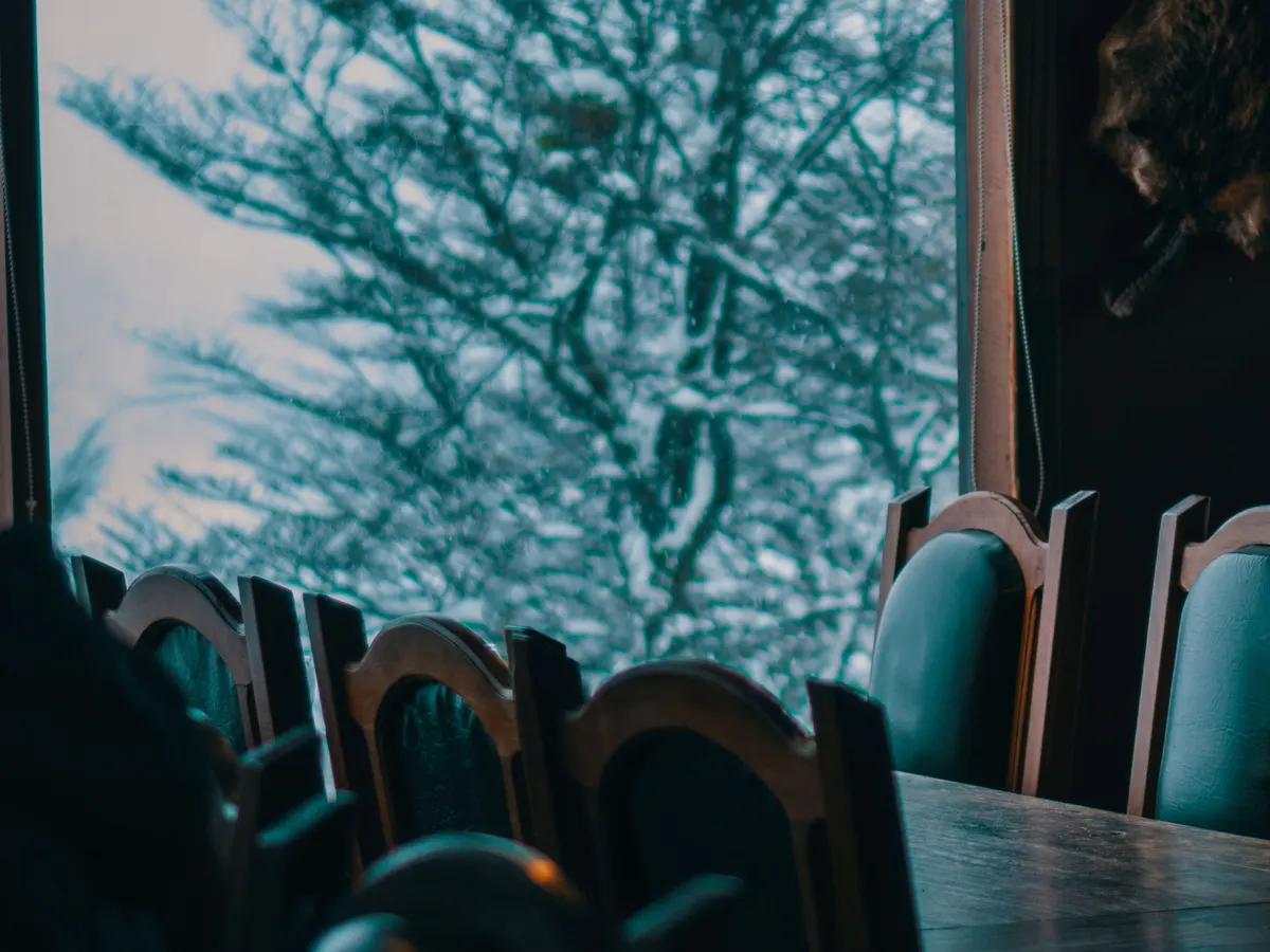 Rustic dining room with a snowy view through large windows